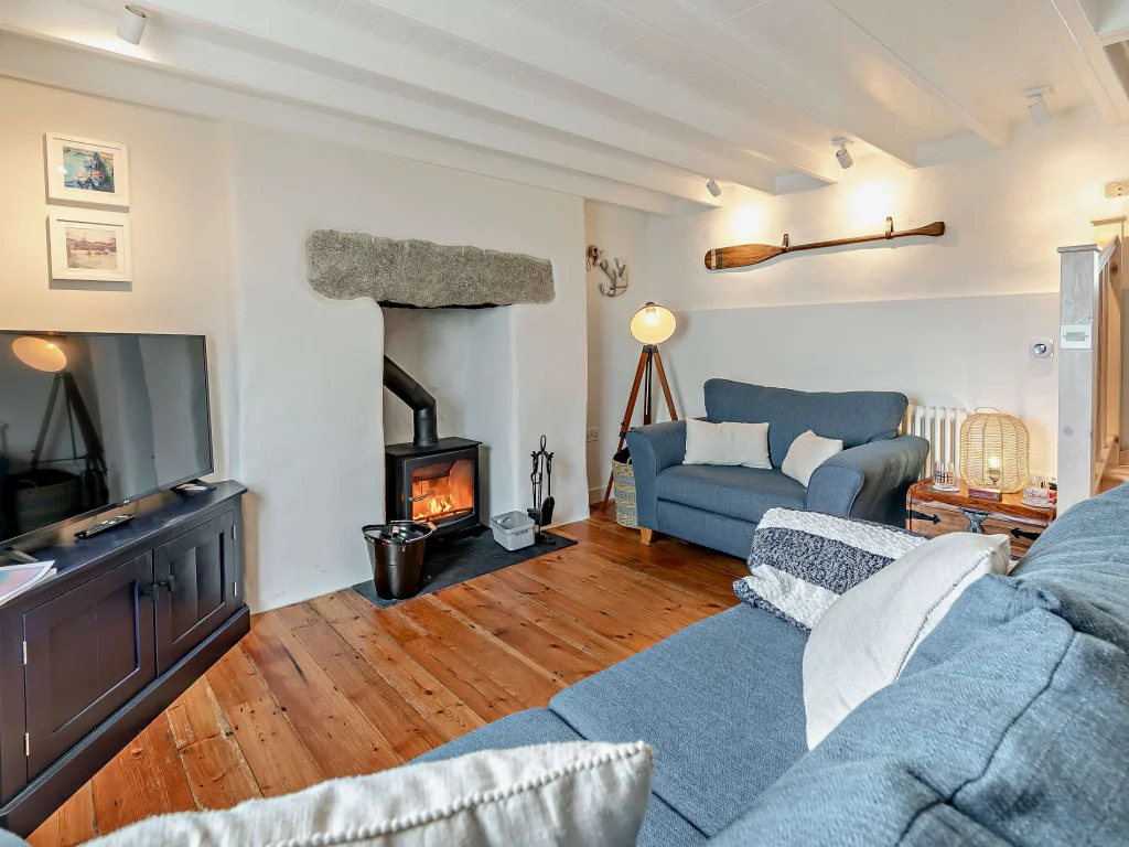 Lounge wood-burning stove with a fire lit